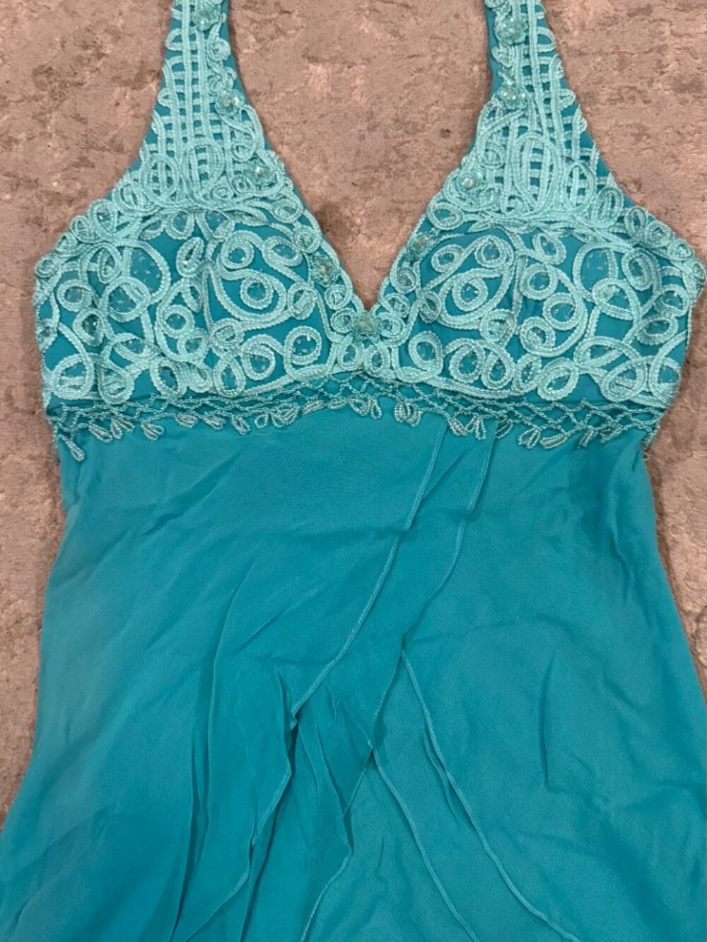 Sue Wong 100% Silk Y2K Turquoise Teal Crochet Flowy Top Fairy Art Deco Halter 1 - Picture 9 of 15